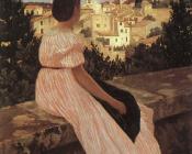 弗雷德里克 巴齐耶 : 粉色连衣裙（赫劳勒莱斯城堡视图）